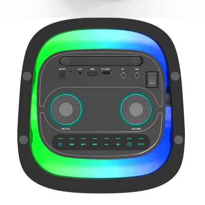 Vision Plus BeatBox 2 Kenya top control panel with mic volume, master volume knobs, AUX, USB, TF card, guitar and mic inputs