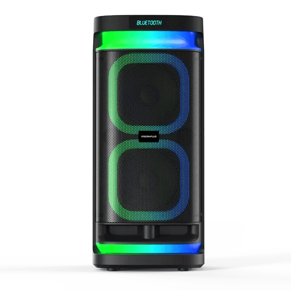 Vision Plus BeatBox 2 Kenya front view showing dual 6.5-inch woofers with green and blue LED ring lights active