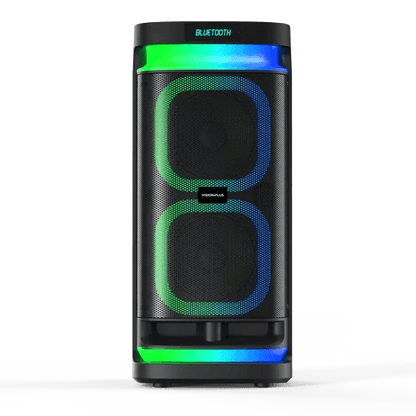Vision Plus BeatBox 2 Kenya front view showing dual 6.5-inch woofers with green and blue LED ring lights active