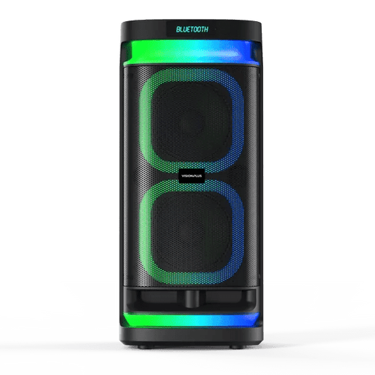 Vision Plus BeatBox 2 Kenya front view showing dual 6.5-inch woofers with green and blue LED ring lights active