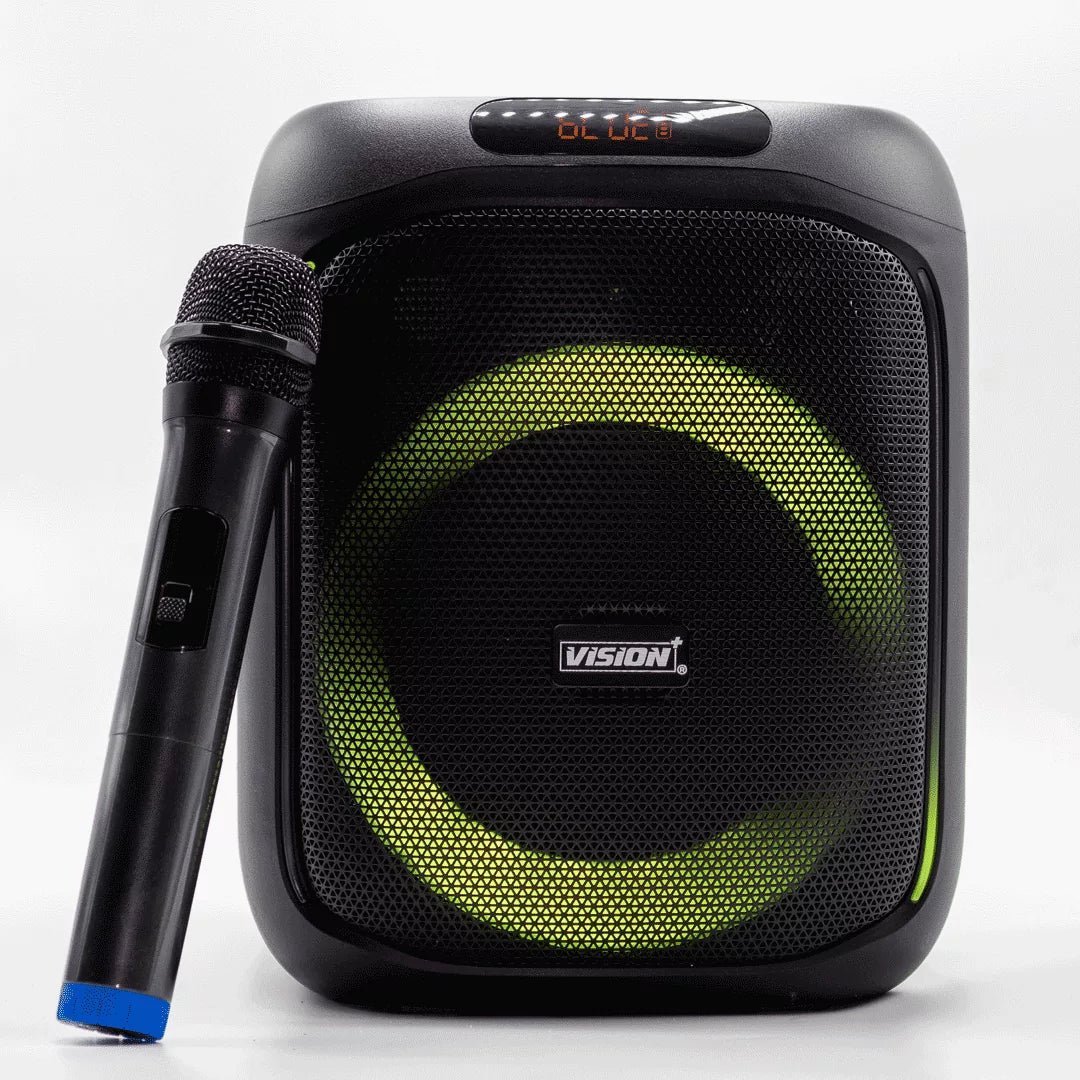 Vision Plus BeatBox Mini Kenya with wireless microphone and green LED ring — karaoke ready