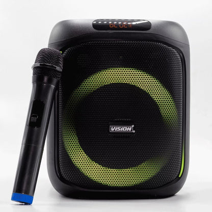 Vision Plus BeatBox Mini Kenya with wireless microphone and green LED ring — karaoke ready