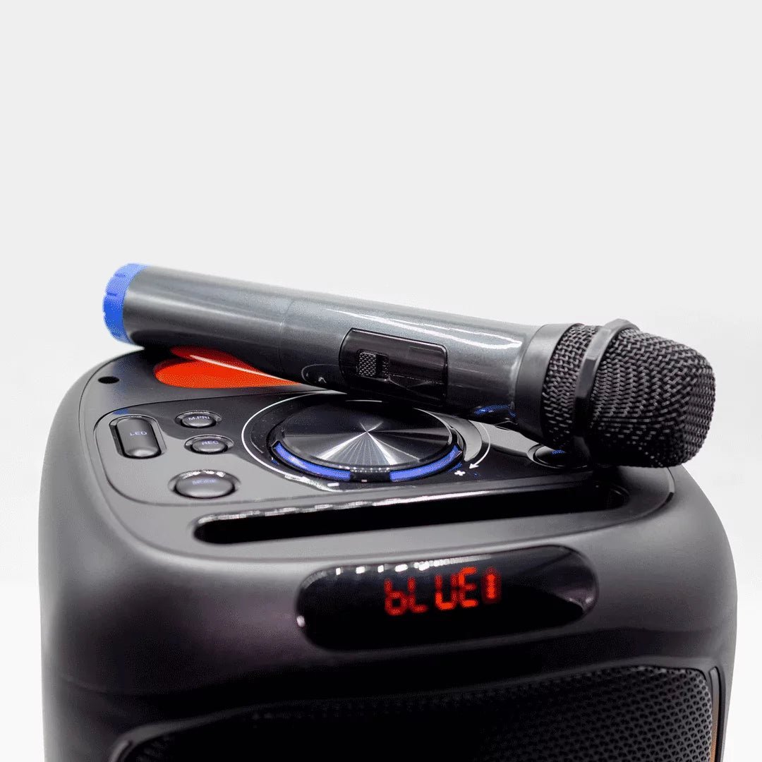 Vision Plus BeatBox Mini Kenya top control panel close-up with volume knob, LED controls and wireless mic