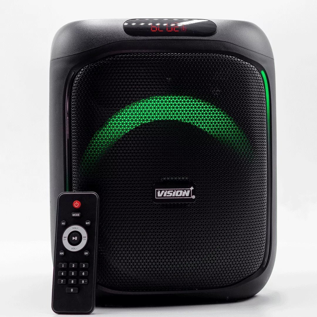 Vision Plus BeatBox Mini Kenya front view with green LED arc and included remote control