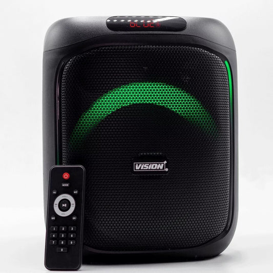 Vision Plus BeatBox Mini Kenya front view with green LED arc and included remote control