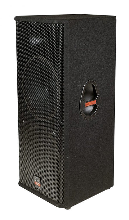 Wharfedale EVP-X215 passive PA speaker angled view showing steel grille and carpet finish