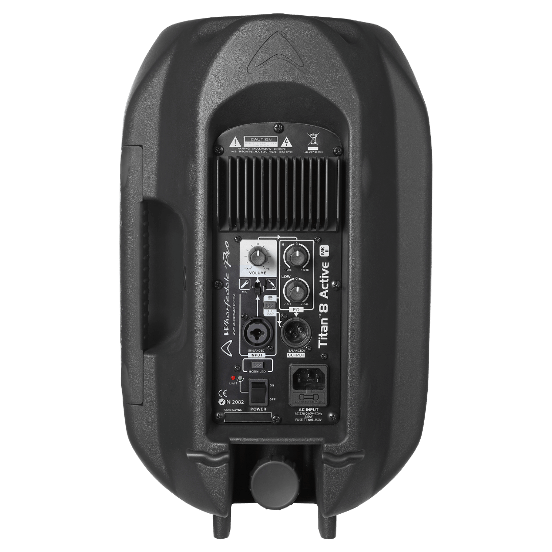 TITAN-8A MKII active speaker rear panel showing XLR combo inputs and volume control