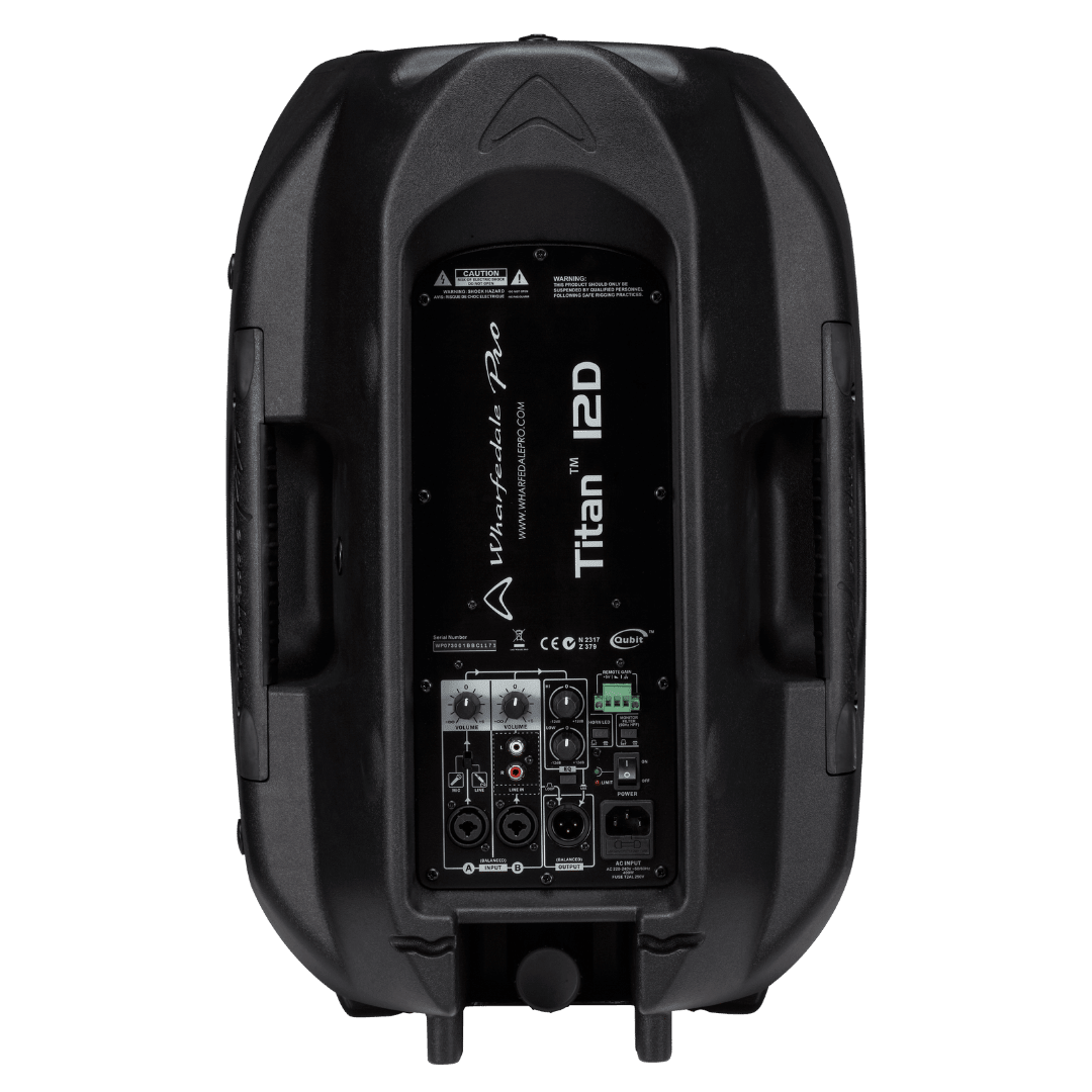 Wharfedale TITAN-12D active PA speaker rear inputs — XLR, RCA, DSP controls