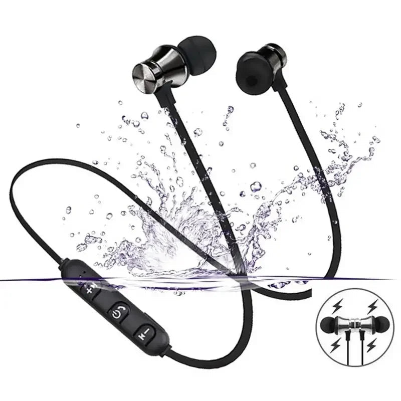 XT11 Sports neckband earphones Kenya – black model with water splash, inline controls and magnetic buds visible`