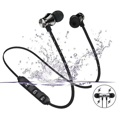 XT11 Sports neckband earphones Kenya – black model with water splash, inline controls and magnetic buds visible`