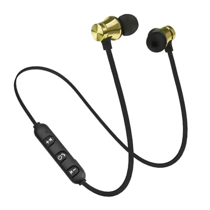 XT11 Sports neckband earphones Kenya – gold metallic earbuds with black neckband and inline control module