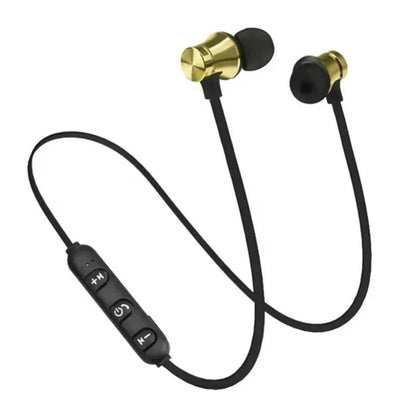 XT11 Sports neckband earphones Kenya – gold metallic earbuds with black neckband and inline control module