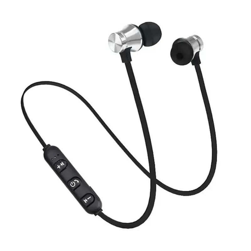 XT11 Sports neckband earphones Kenya – silver metallic earbuds with black neckband and inline controls