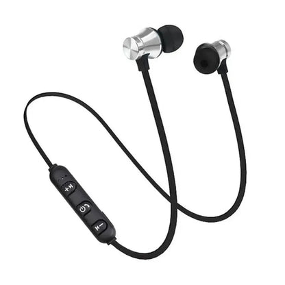 XT11 Sports neckband earphones Kenya – silver metallic earbuds with black neckband and inline controls
