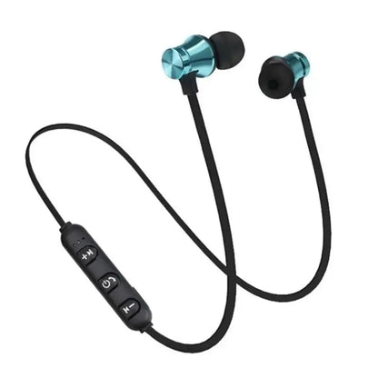XT11 Sports neckband earphones Kenya – teal/blue metallic earbuds with black neckband and inline control module
