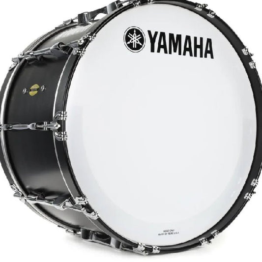 Yamaha 24 inch bass drum Kenya — black shell, white batter head, chrome lugs, angled front view