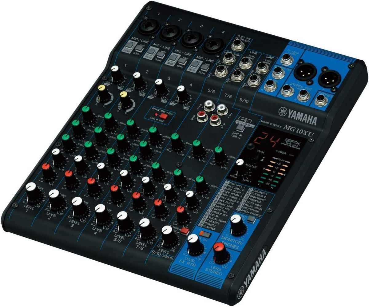 Yamaha MG10XU mixer angled view showing XLR inputs and USB port