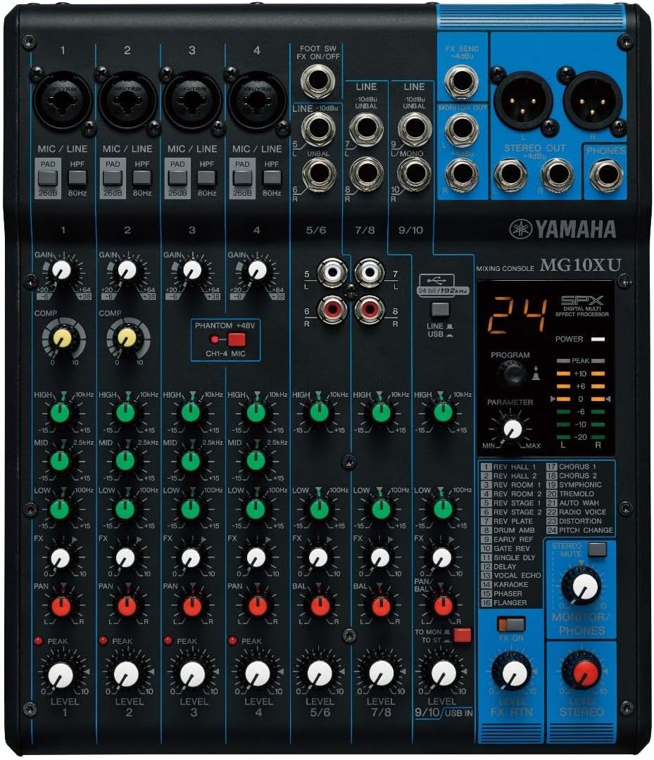 Yamaha MG10XU mixer front panel view with faders and EQ controls