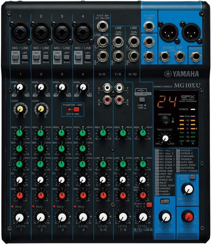 Yamaha MG10XU mixer front panel view with faders and EQ controls