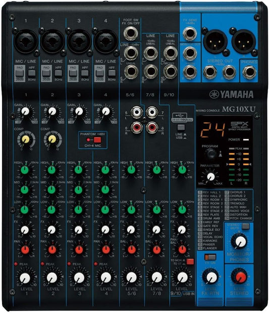 Yamaha MG10XU mixer front panel view with faders and EQ controls