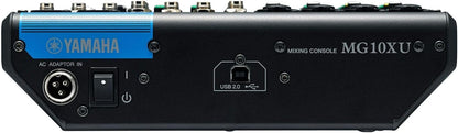 Yamaha MG10XU mixer rear panel showing RCA outputs and USB audio interface connection