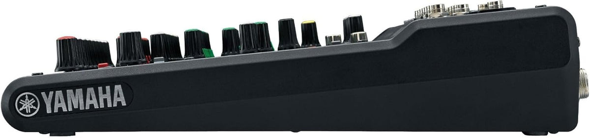 Yamaha MG10XU mixer angled view showing XLR inputs and USB port