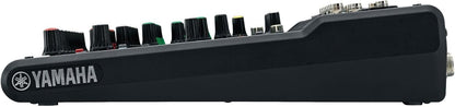 Yamaha MG10XU mixer angled view showing XLR inputs and USB port