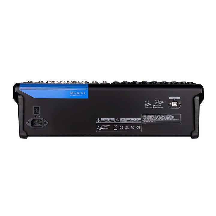 Yamaha MG16XU mixer Kenya — rear panel showing AC power inlet, USB audio interface port, and compliance markings