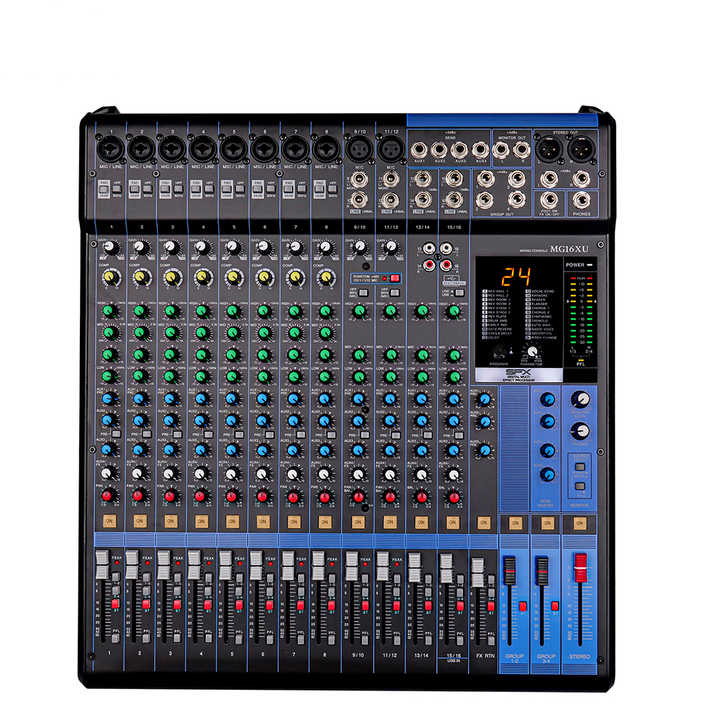 Yamaha MG16XU mixer Kenya — front panel top view showing 16 channels, faders, and SPX effects display`