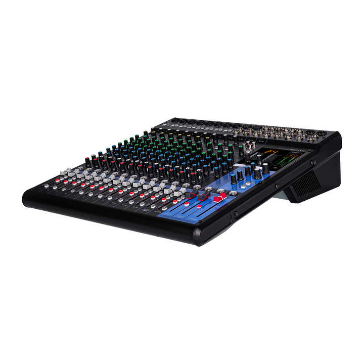 Yamaha MG16XU mixer Kenya — angled front-left view showing channel strips, EQ knobs, and fader bank