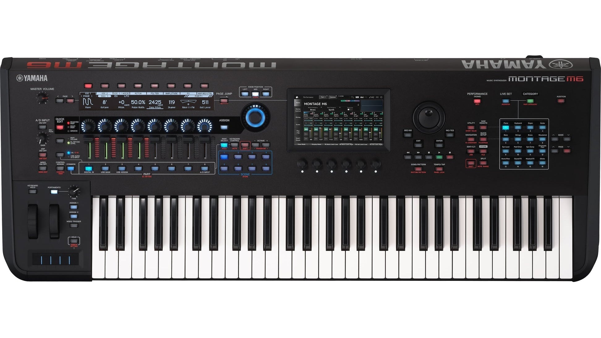 Yamaha Montage M6 synthesizer front view — 61-key FSX semi-weighted keybed