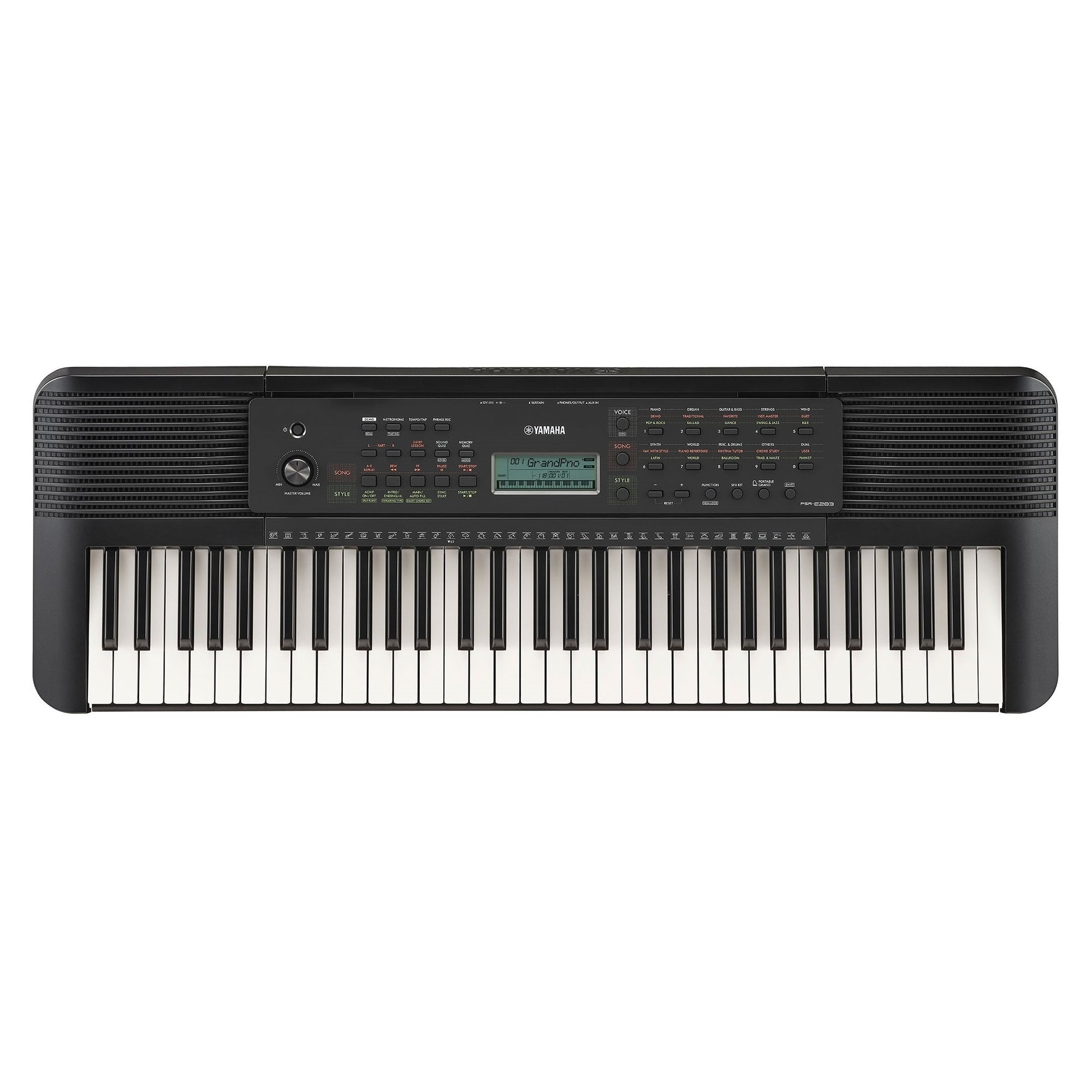 Yamaha PSR-E283 Kenya — overhead front view showing 61 keys, LCD display and full control panel