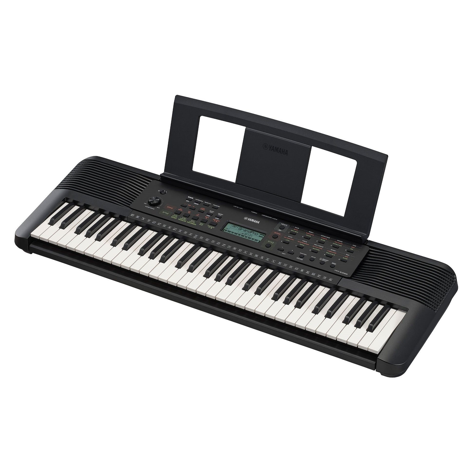 Yamaha PSR-E283 Kenya — angled view with music rest raised, showing full 61-key keyboard