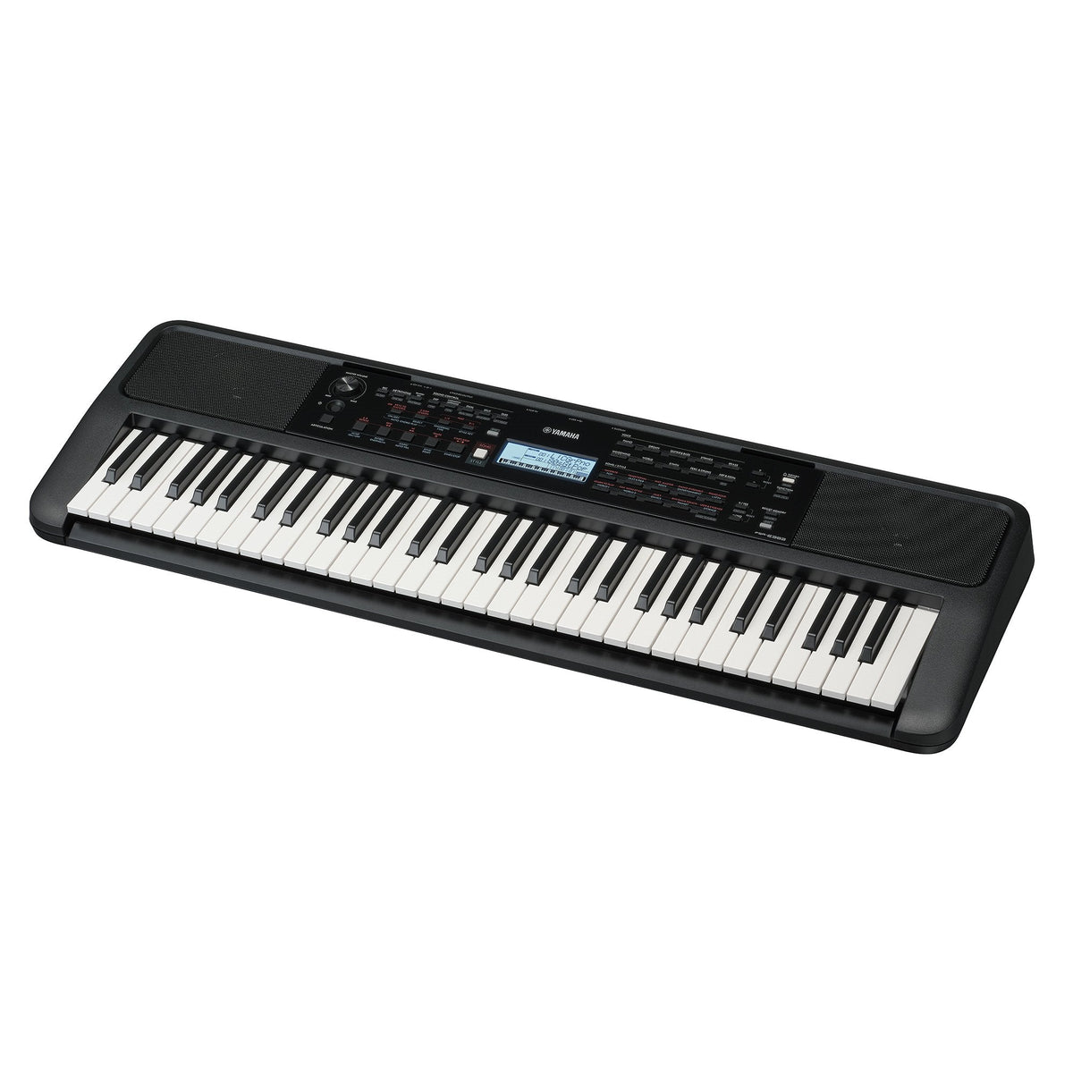 Yamaha PSR-E383 Kenya elevated left-angle view showing keys, LCD display and control panel detail