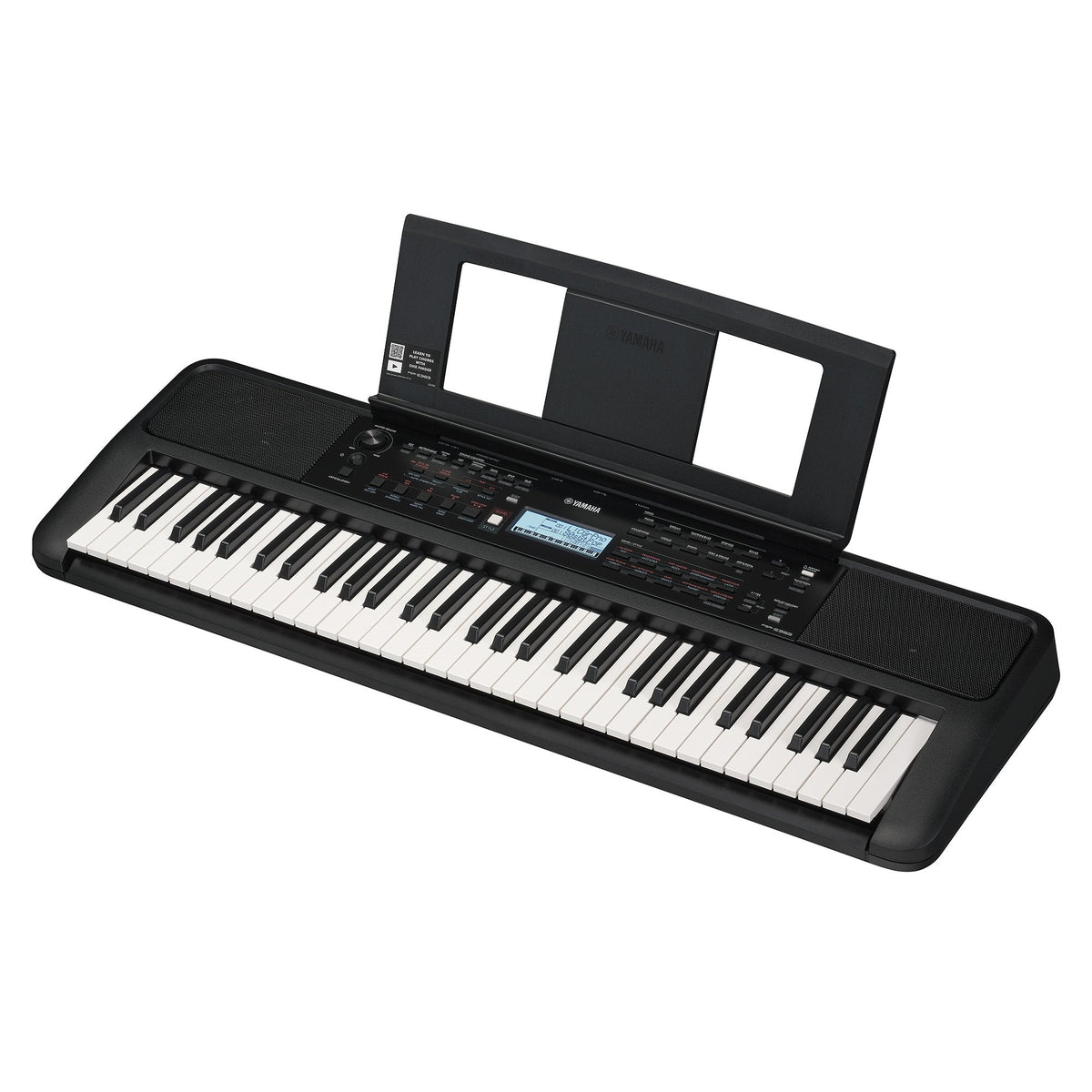Yamaha  PSR-E383 Kenya with music rest raised, 3/4 angle view showing full keyboard and LCD pan