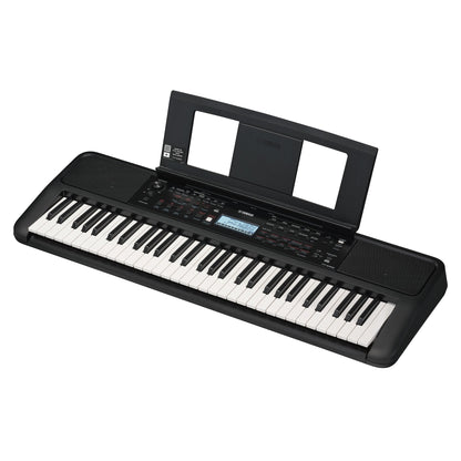 Yamaha  PSR-E383 Kenya with music rest raised, 3/4 angle view showing full keyboard and LCD pan