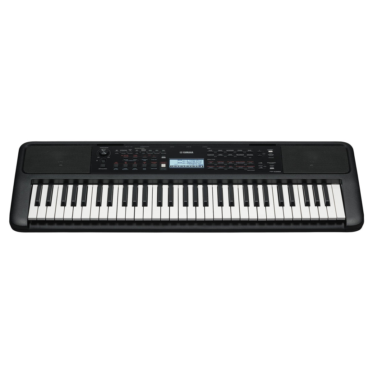 Yamaha PSR-E383 Kenya front 3/4 angle view showing full 61-key layout and dual speaker grilles