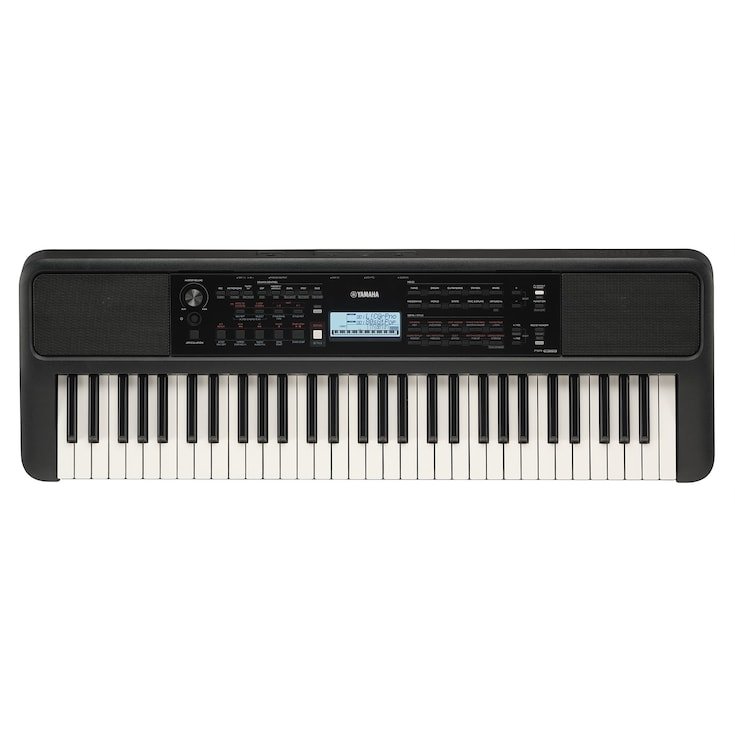 Yamaha PSR-E383 Kenya overhead view showing 61 touch-sensitive keys and control panel on white background