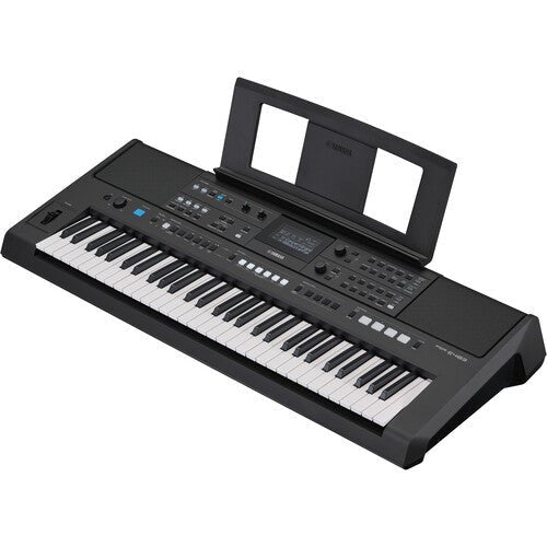 Yamaha PSR-E483 Kenya portable keyboard angled view showing Live Control Knobs and Pitch Bend wheel
