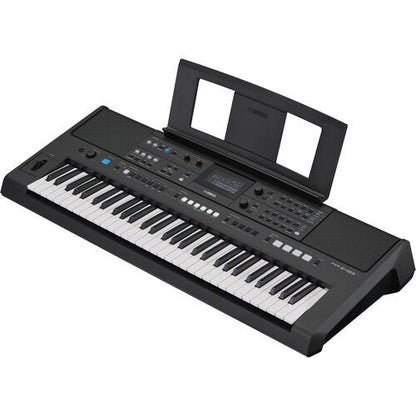 Yamaha PSR-E483 Kenya portable keyboard angled view showing Live Control Knobs and Pitch Bend wheel