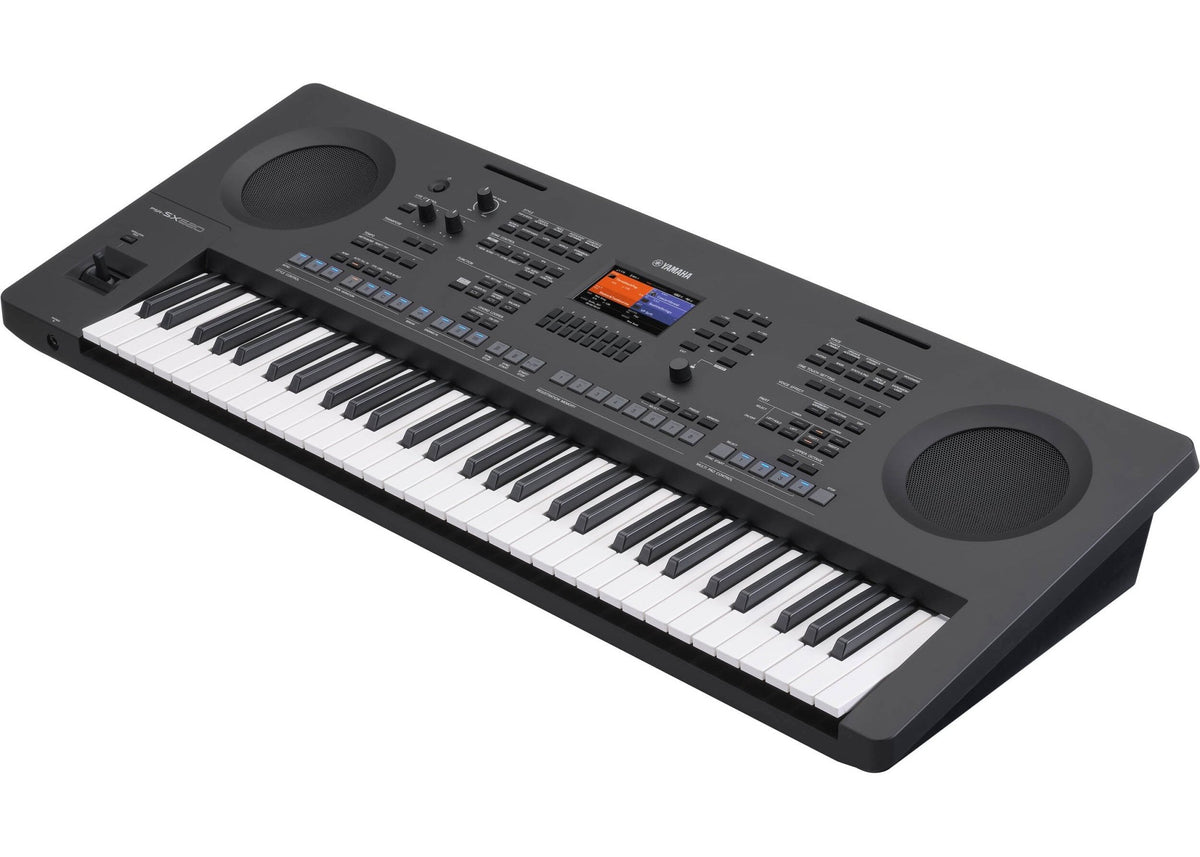 Yamaha PSR-SX620 Kenya arranger keyboard in angled front view, showing keys, colour display and twin speakers.