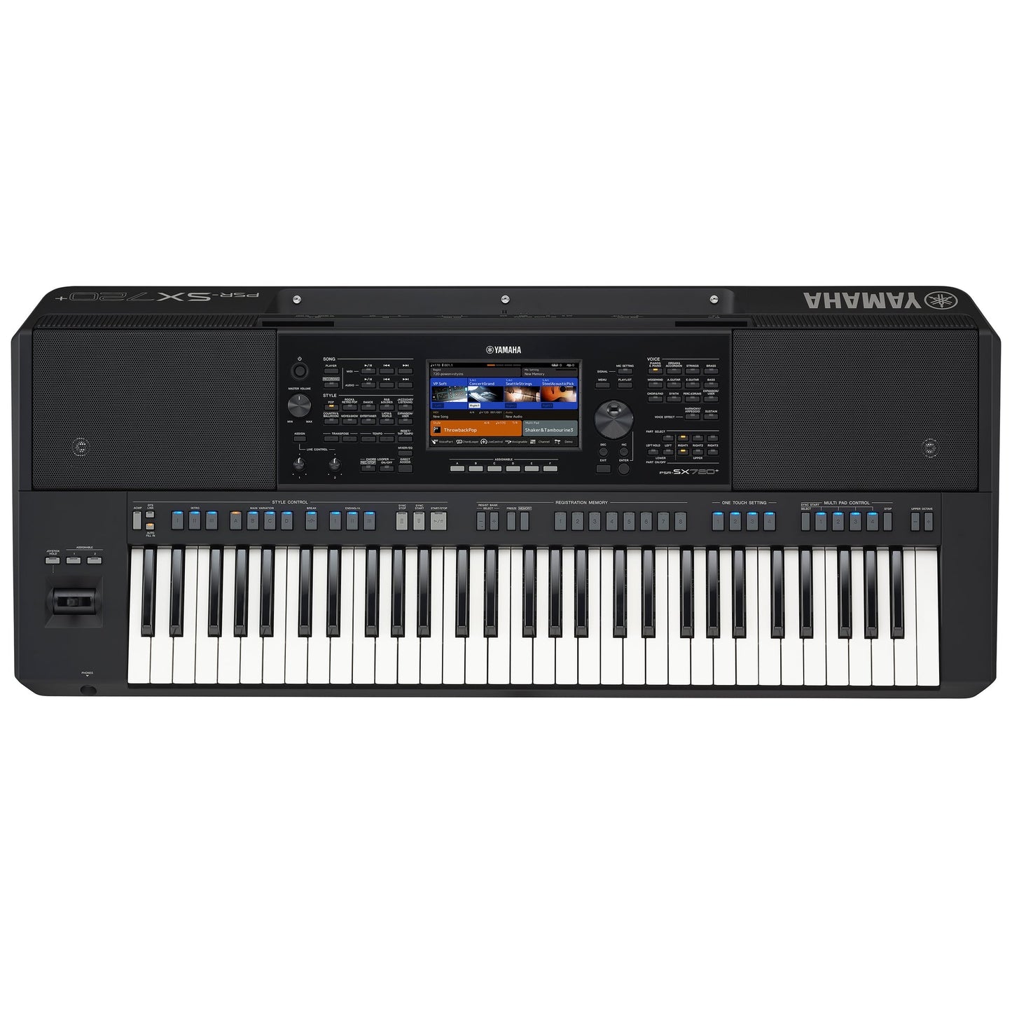 Yamaha PSR-SX720+ Bluetooth arranger keyboard – angled front view showing 61 keys and backlit LCD display