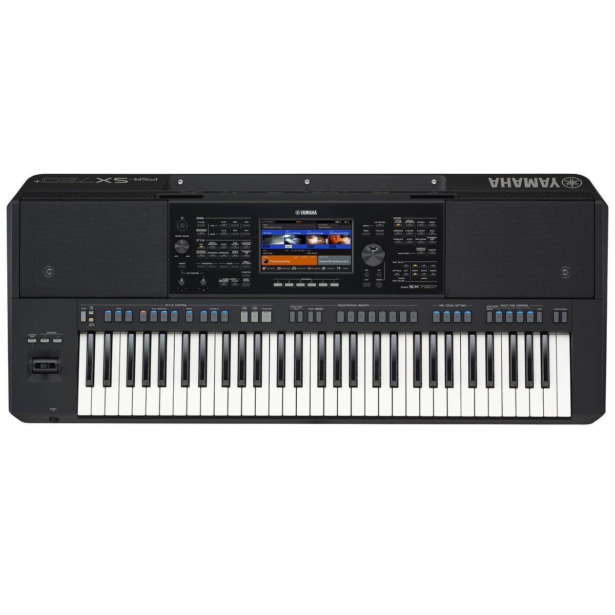Yamaha PSR-SX720+ Bluetooth arranger keyboard – angled front view showing 61 keys and backlit LCD display