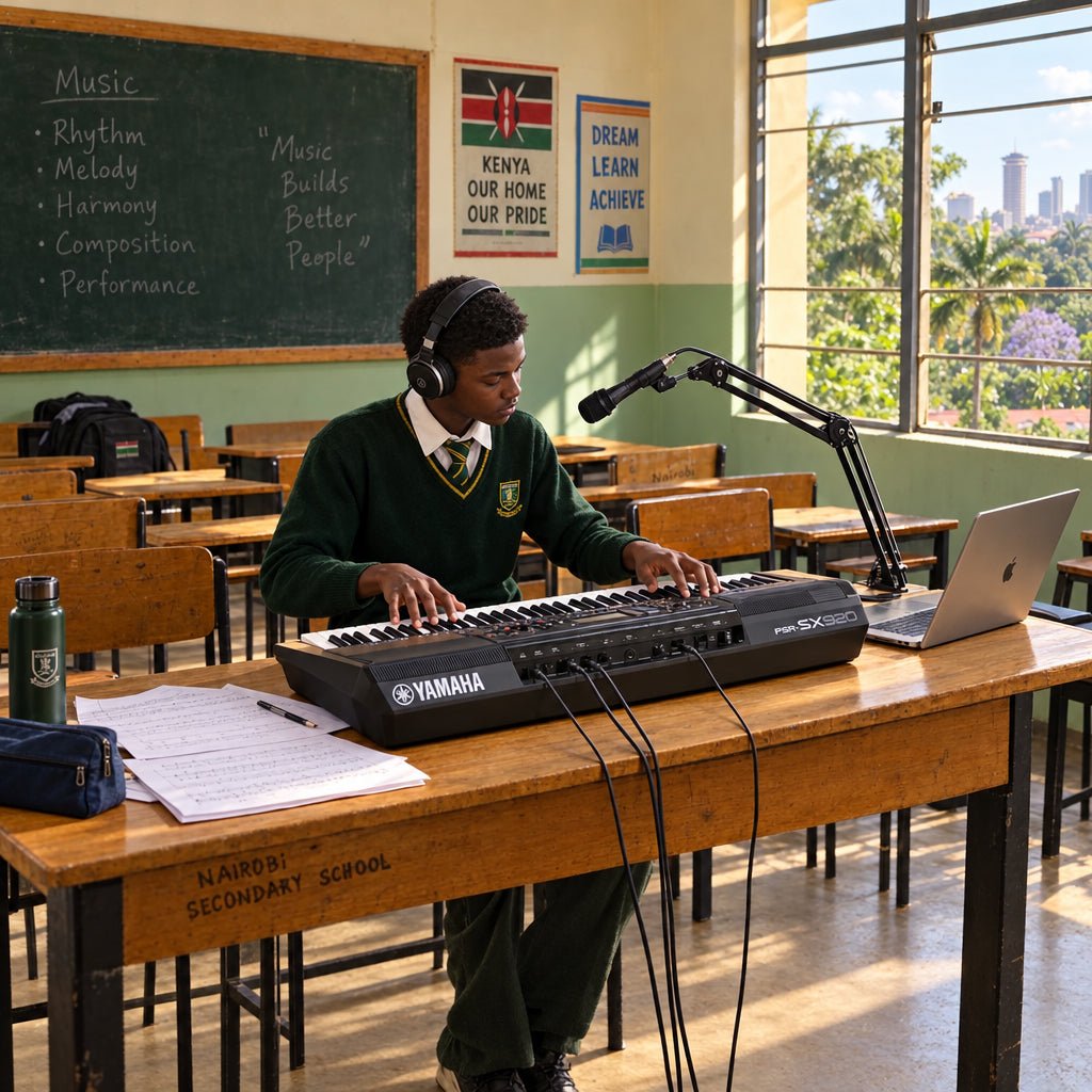 Zamar Audio Solutions Yamaha PSR-SX920 Kenya classroom scene with student, headphones, microphone and laptop