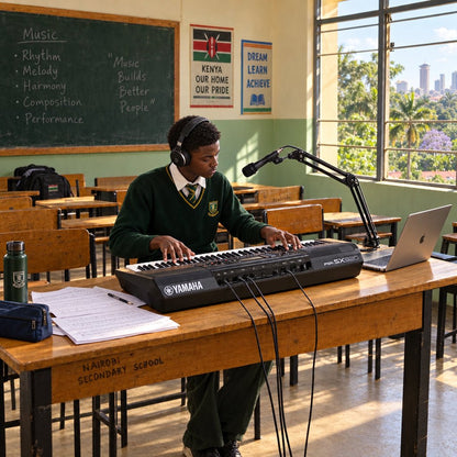 Zamar Audio Solutions Yamaha PSR-SX920 Kenya classroom scene with student, headphones, microphone and laptop