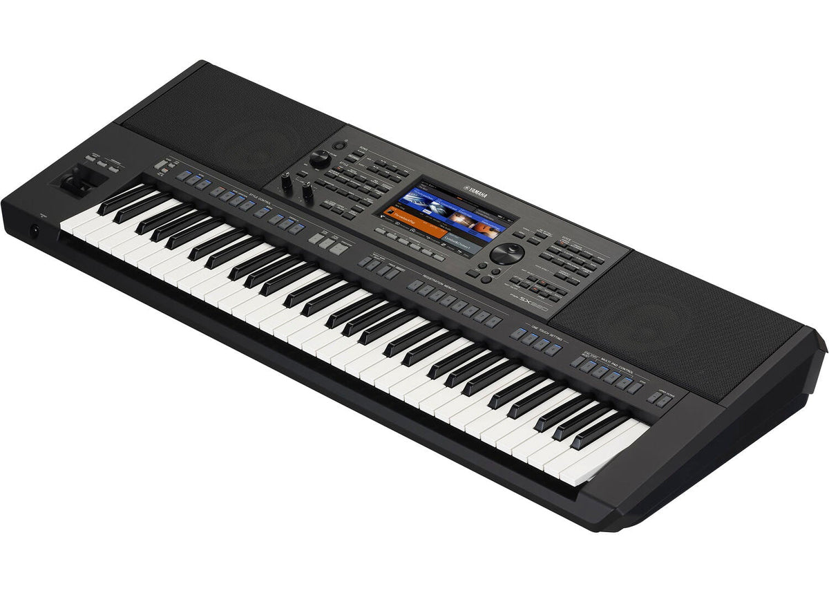 Yamaha PSR-SX920 Kenya black arranger keyboard in angled front view with touchscreen and built-in speakers