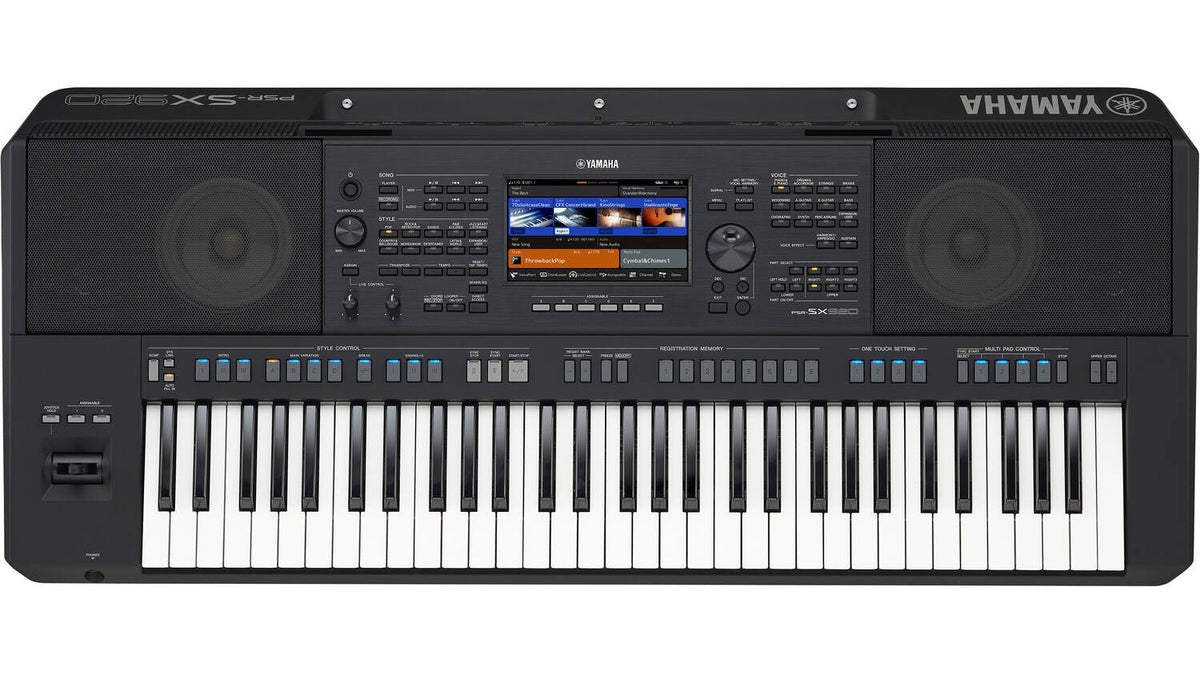 Yamaha PSR-SX920 Kenya overhead view showing keys, touchscreen, control knobs and illuminated buttons