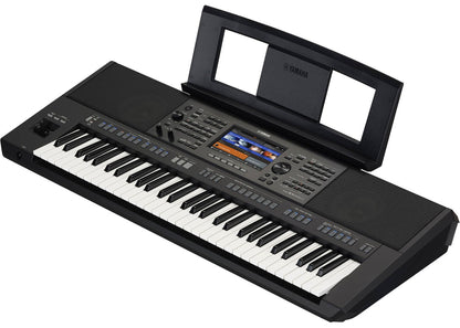Yamaha PSR-SX920 Kenya angled keyboard view with music rest fitted above the touchscreen