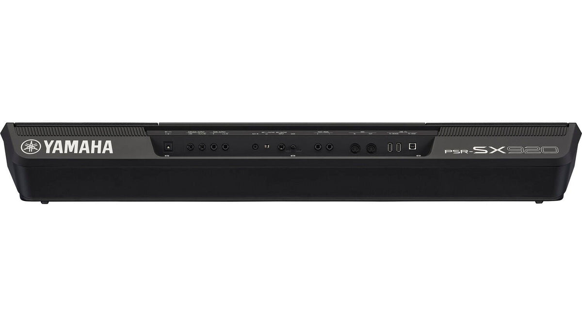Yamaha PSR-SX920 Kenya rear panel showing audio connections, pedal sockets and USB ports