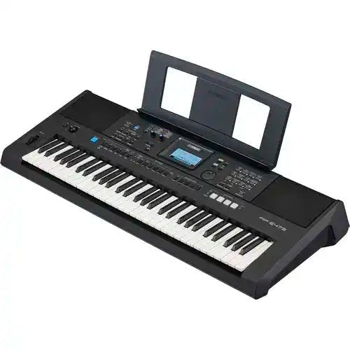 Yamaha PSR-E473 keyboard Kenya — 3/4 angled view with music rest raised, showing full panel layout`
